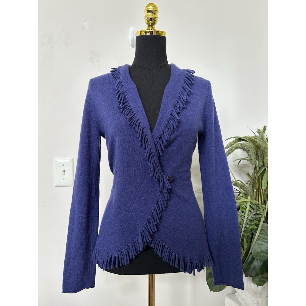 Evelyn‎ Grace 100% Cashmere Fringe Wrap Cardigan Sweater Purple S Whimsigoth Y2K